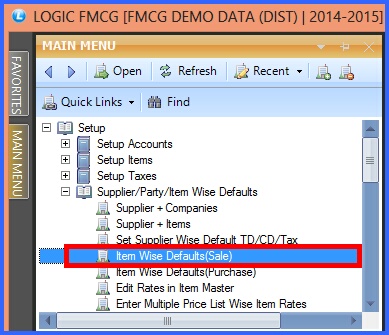 fmcg item wise defaults sale menu